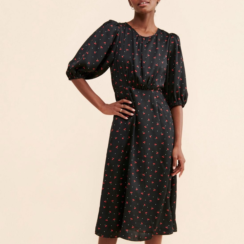 ✨ Anthropologie Louche Cherry Print Midi Dress Fits US XS 2–4 Lined | Pockets - Picture 6 of 14